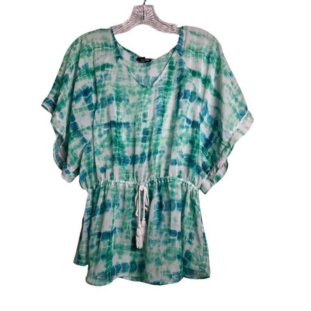 a.n.a Blouse Women S Green Tie Dye V-Neck Drawstring Waist Tassel Short Sleeve